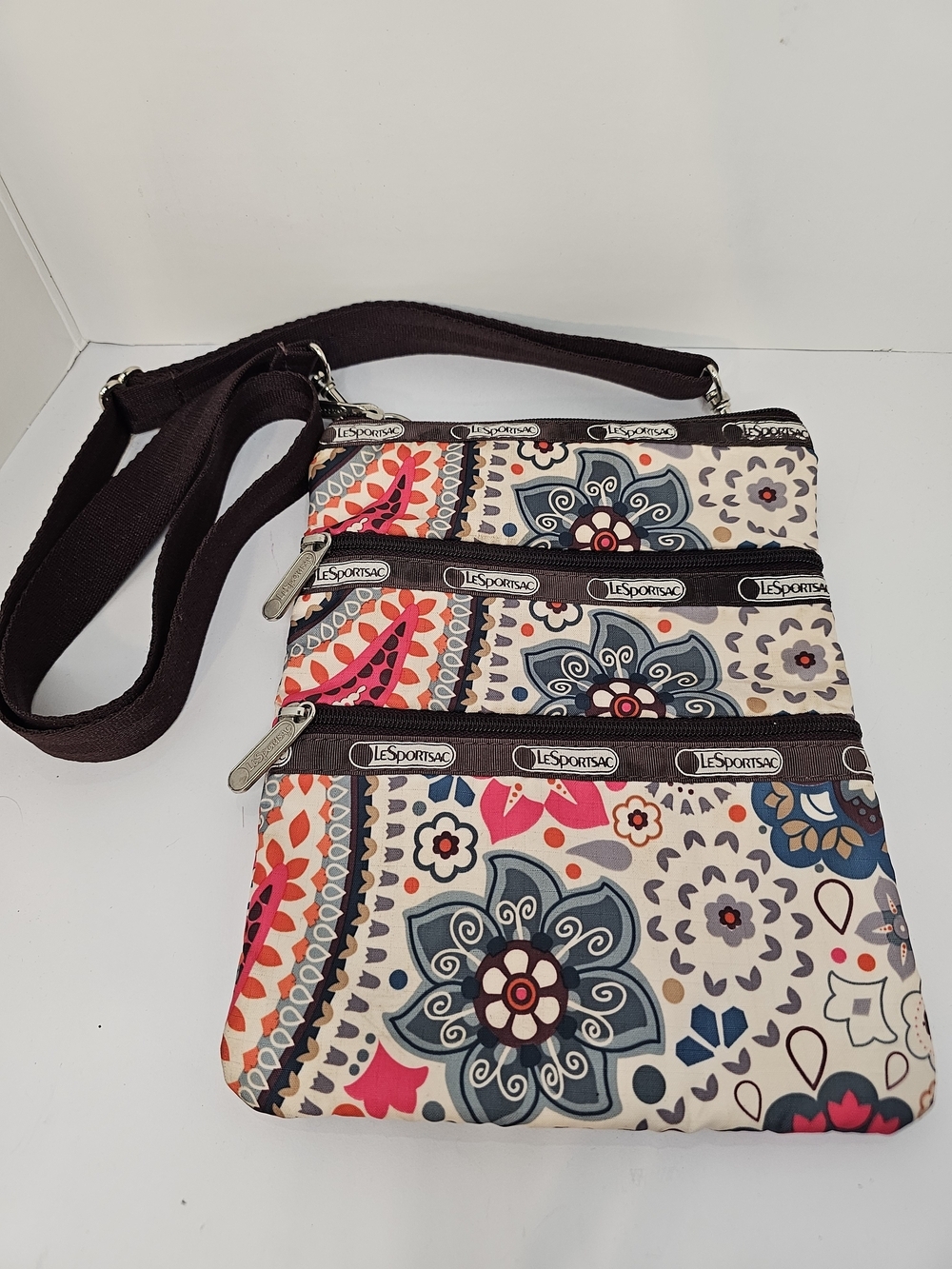LeSportsac 3-Zip Crossbody Bag Floral Paisley Lightweight Travel Purse